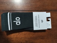 Alo Unisex Throwback Crew Socks Charcoal Green Ribbed Logo NWT