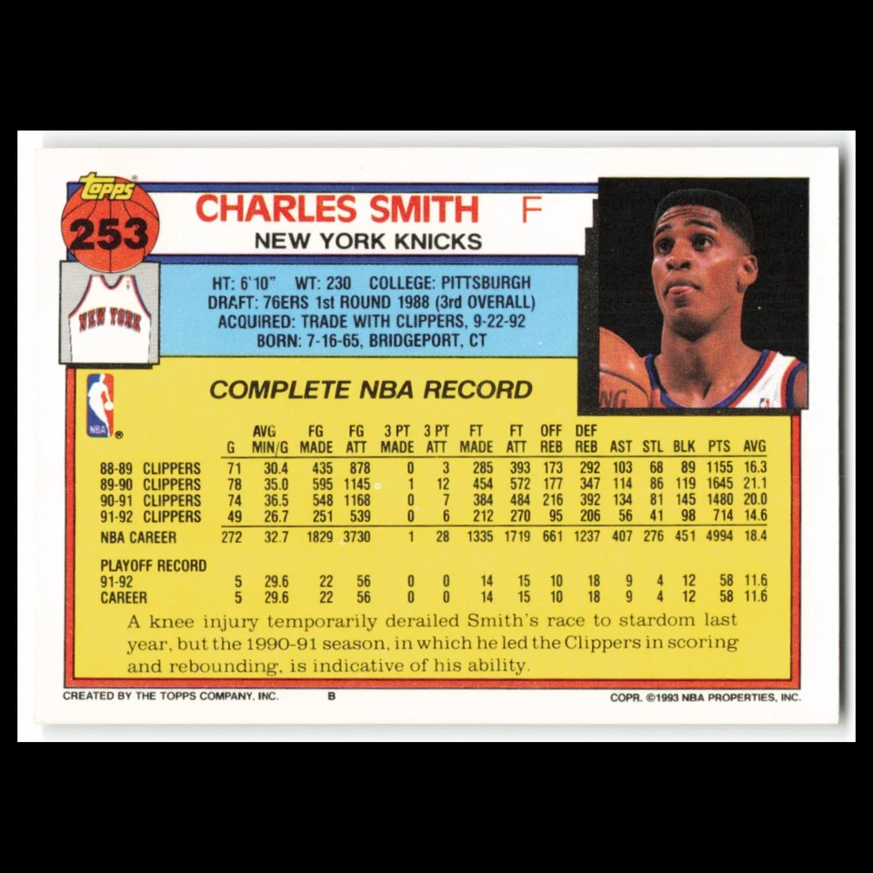 Charles Smith #253 1992 Topps New York Knicks Basketball Card NBA NM - Изображение 2 из 3