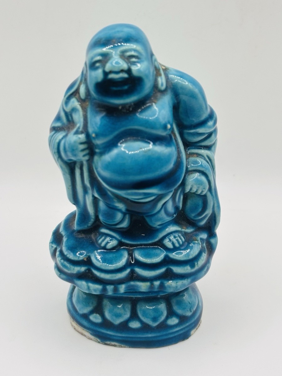 Chinese Turquoise Blue Glazed Budai Buddha Porcelain Statue