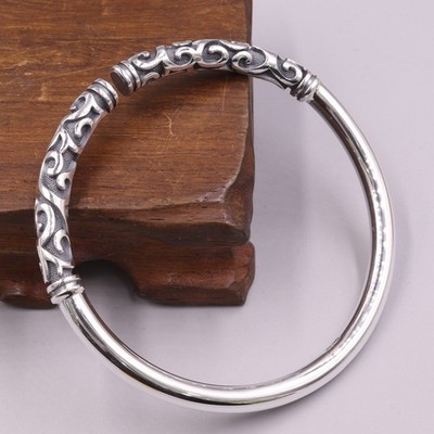 Pure S999 Fine Silver 999 Men Women Auspicious Clouds Open Bangle 45-46g ID:61mm