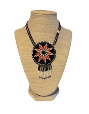 Vintage Handmade Medallion Beaded Native American Necklace Leather Back