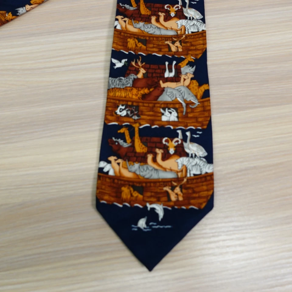 Vintage Noahs Ark Neck Tie Men ALYNN Navy Brown Animal Boat Novelty Art USA Made - Image 2 of 4