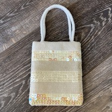 Unbranded Cream Sequin Glass Beaded Handbag With Satin Lining 5 x 6