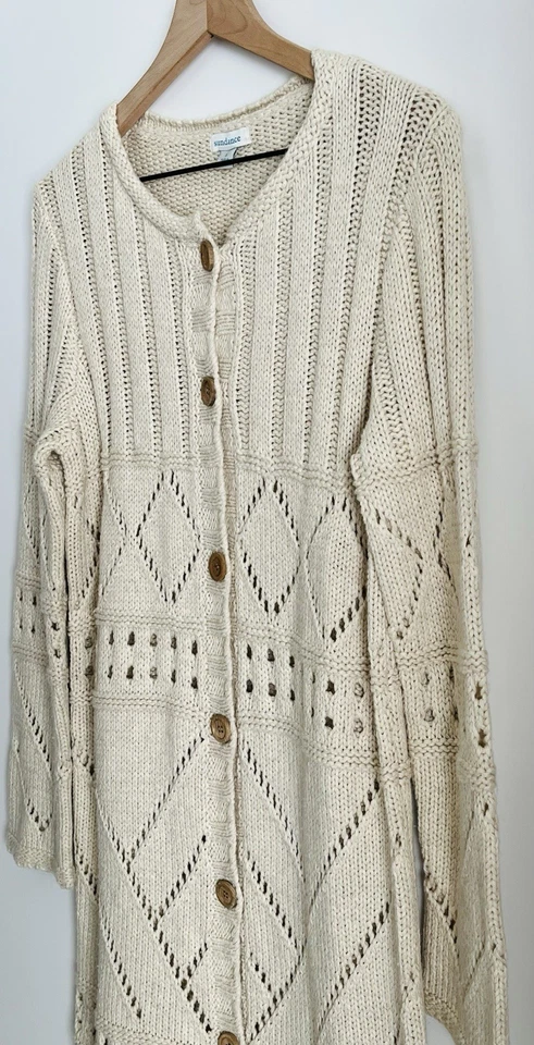 Cárdigan SUNDANCE Para Mujer Grueso Tejido con Cable Largo Plumero Botón Frontal Marfil Talla S Foto 3 de 4