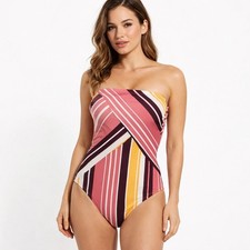 Kona Sol One Piece Swimsuit Women S Pink Yellow Striped Lace Up Back Strapless
