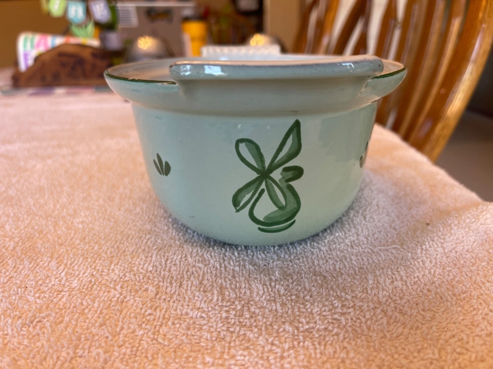 VTG DRU HOLLAND ENAMEL CAST IRON GREEN TULIP OVAL DUTCH OVEN VENTED LID #4