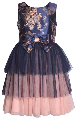 NWT Bonnie Jean Girls Size 5 Navy Rose Gold Foil Floral Tiered Shantung Dress