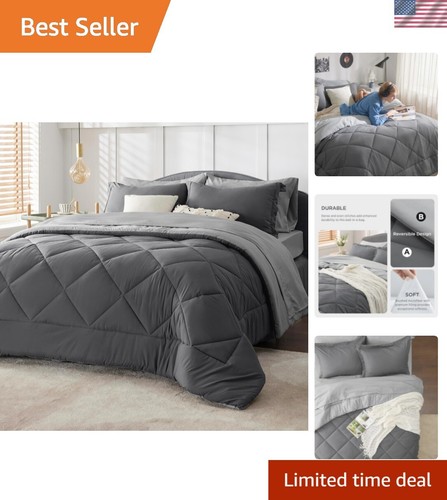 Modern 7-Piece Full Comforter Set in Dark Grey - Reversible, Machine Washable