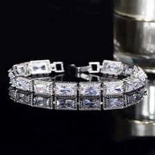 Silver Plated Baguette Cubic Zirconia Tennis Chain Bracelet Women Bridal Jewelry