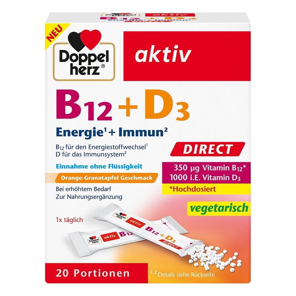 Doppelherz B12 + D3 DIRECT - mit Orange-Granatapfel-Geschmack | Hochdosiert mit 350 μg Vitamin B12 und 1000 I.E. Vitamin D3 für eine normalen Funktion des Immunsystems - 20 Portionen - Bild 2