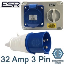 32 Amp 3 Pin Interlock Socket Switch with Industrial Trailing Plug IP44