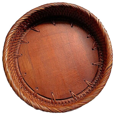 Basket, Round - Rattan & Wood, Wine Bottle Coaster, 6'' Diameter, Lombok Island