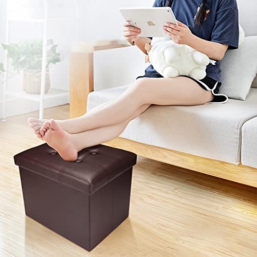 Otomana de Almacenamiento, Taburete de Pie Plegable con Asiento Acolchado de Espuma Más Gruesa Pequeño Marrón - Imagen 3 de 6