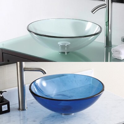 MR Direct 16.5'' Round Tempered Glass Lavatory Vessel Sink, Countertop Wash Basin