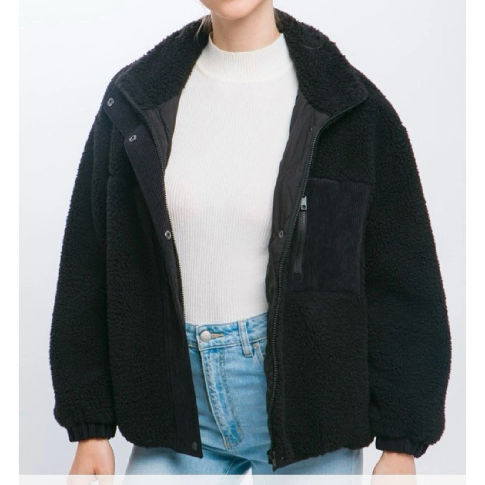 VETEMENTS Sherpa Puffer Jacket Media Goccia Spalla Collare Piena Cerniera Tre Tasche Nero