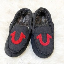 True Religion NEW Black  Red Logo Fur Lined Moccasin Slippers Small 7-8 