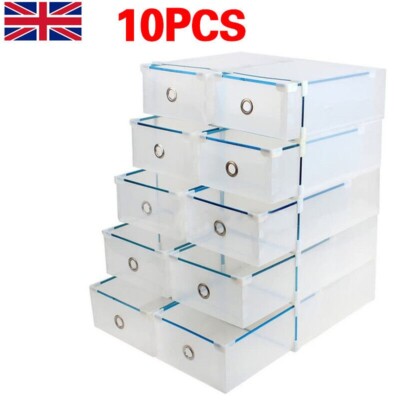 10x Clear Plastic Shoe Storage Boxes Drawer Stackable Foldable Durable ...