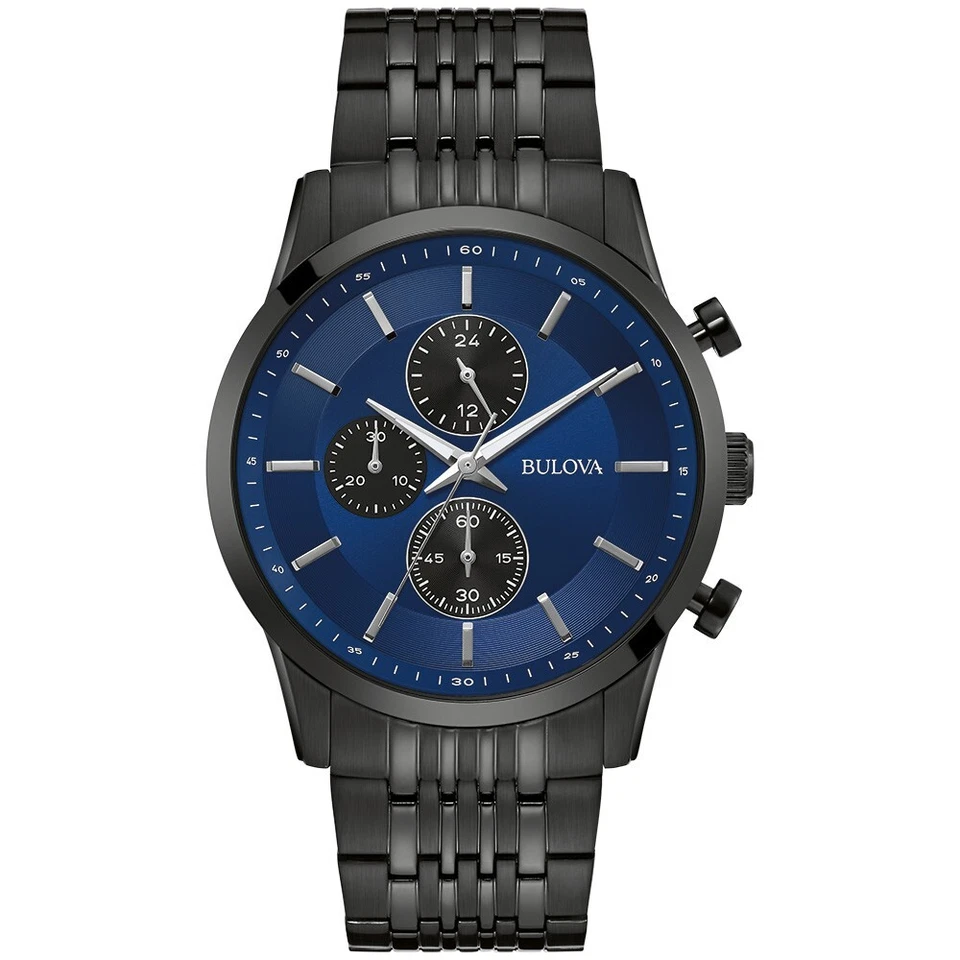 Bulova Men's Quartz Chronograph Calendar Black Stainless Steel Watch 42MM 98A300