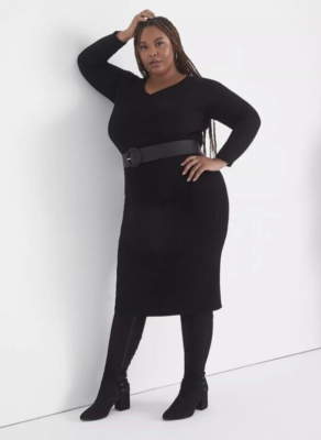 LANE BRYANT SIZE 22/24 BLACK MIDI WAFFLE KNIT BODYCON SHEATH LONG SLEEVE  DRESS