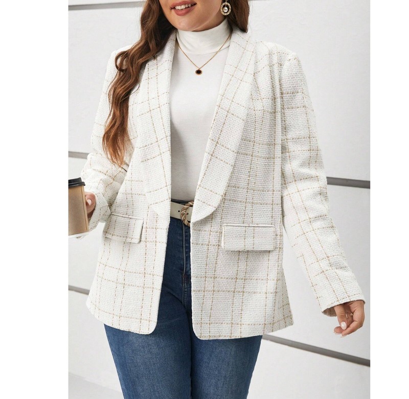 Frenchy White Gold Plaid Shawl Collar Flap Detail Tweed Blazer SHEIN Size M US 6