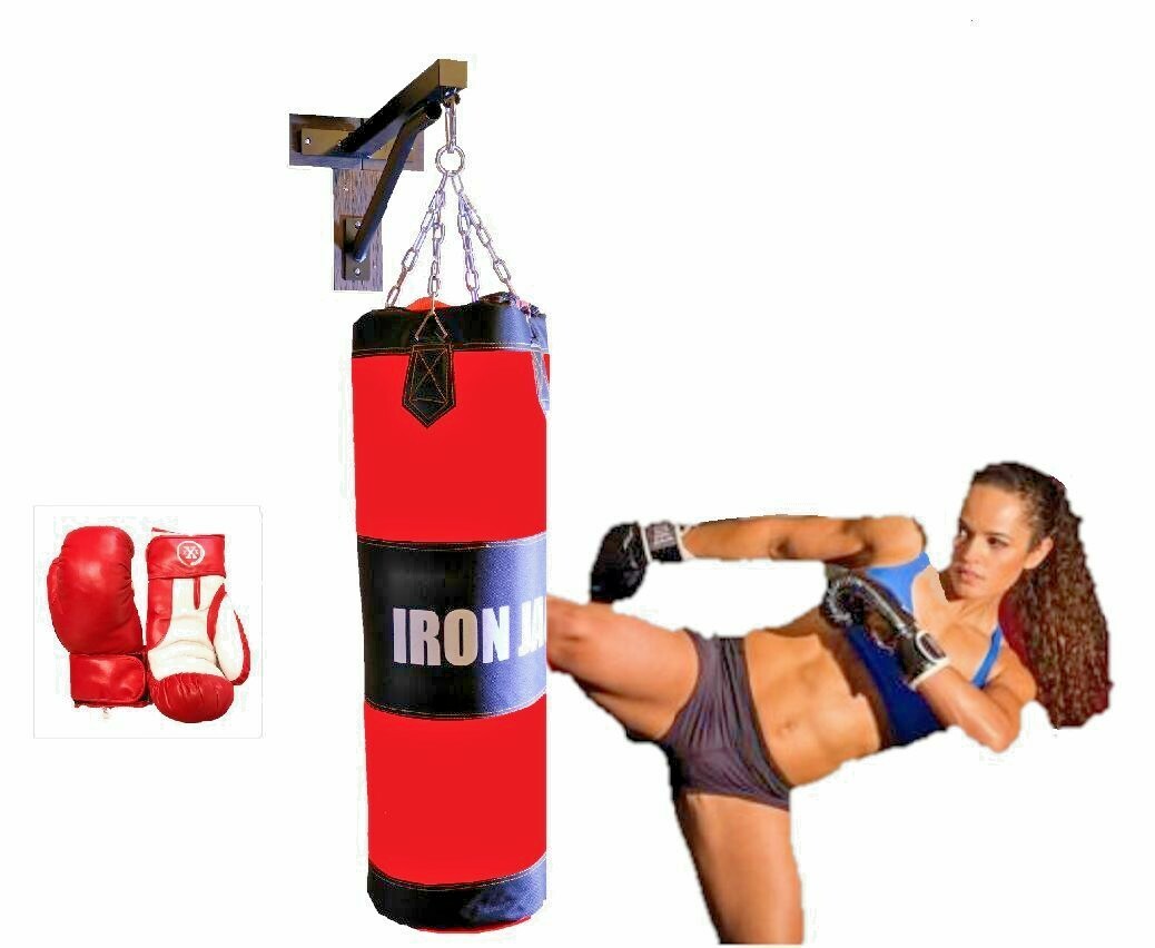Heavy Duty Wall Mount Boxing Bag Punching Bag w Chains Bracket & Gloves SET NEW 