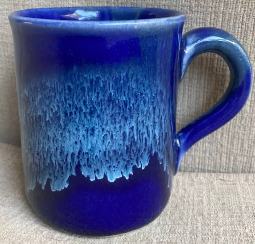 Blue Two Tone Handmade Hand Thrown Stoneware Glazed Ceramic Mug Cup Signed EUC!