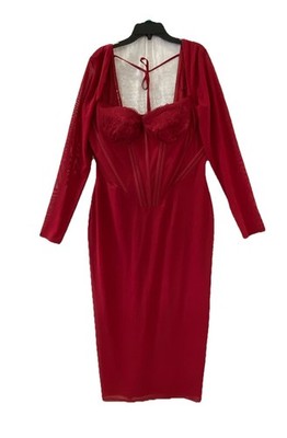 Fashion Nova Corset Midi Dress Off Shoulder Red Woman's 1X Long Sleeve NEW