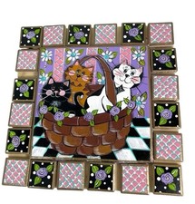Mosaic Tiles Hand Painted Cats In Basket