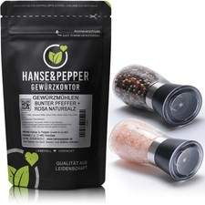 Gew&uuml;rzm&uuml;hlen Set 2er Pack gef&uuml;llt mit 90g Bunter Pfeffer und 200g Rosa Natursalz