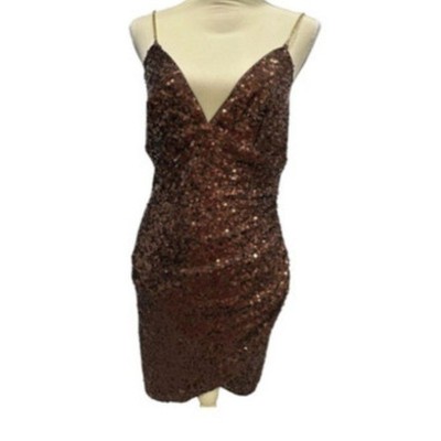 night fever embellished wrap mini dress in gold Laqueen Brown Sequin Open Back Lace Up Cocktail Party V-Neck (31) Asymmetric Neckline