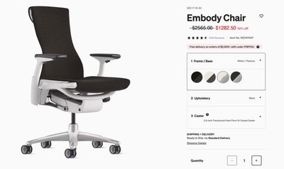 Herman Miller Embody chair White titanium with black upholstery, 2.5 inch caster