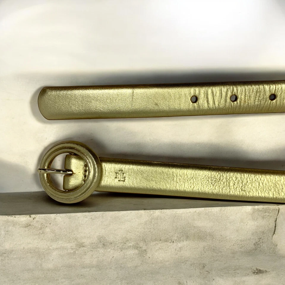 De Colección Lauren Ralph Lauren LRL Dorado Cuero Metálico Talla M Vestido Cinturón Hebilla Círculo Foto 4 de 4