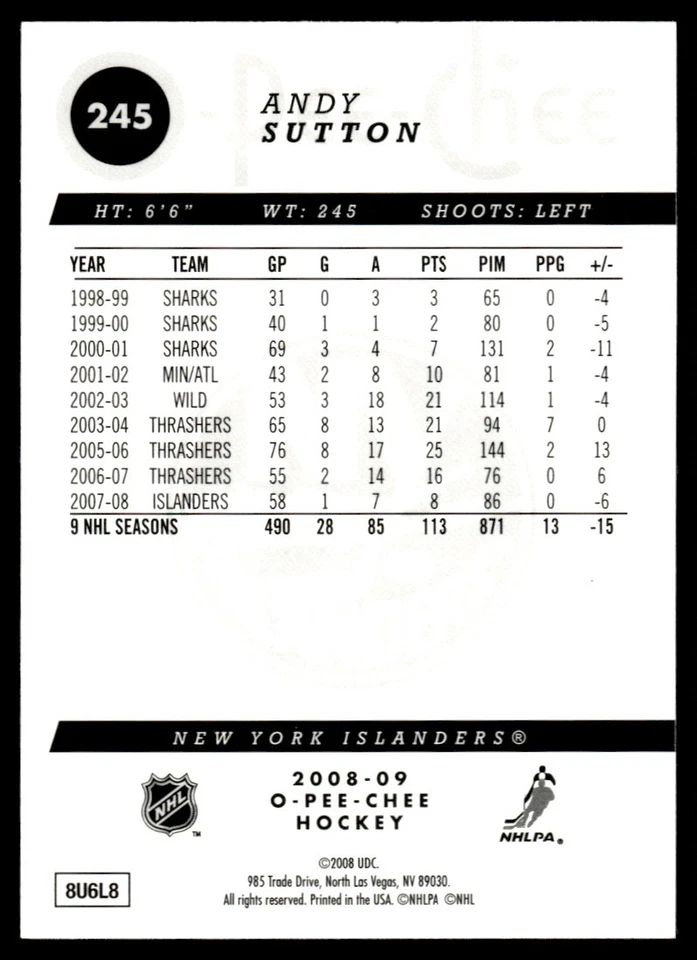 2008-09 O-Pee-Chee Gold Andy Sutton New York Islanders #245 - Image 2 of 2