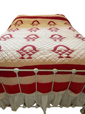 Antique Cherry Basket Quilt c 1930 Fragile Much Loved 76"w x 88"l Pink Color Run