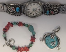 3 PC 925 Sterling & Turquoise: watch tips, large pendant & bracelet