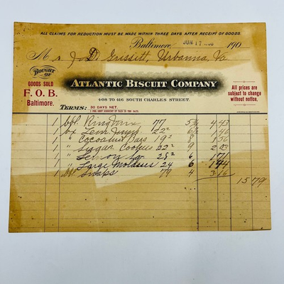 #ad 1908 Atlantic Biscuit Company Baltimore MD Billhead Letterhead Receipt AA4 $13.50