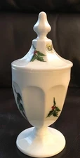 Westmoreland Glass Colonial Milk Glass Covered Candy Dish Hand Painted Holly