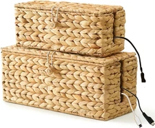 2-Pack Wicker Cable Management Box, Handmade Water Hyacinth Cable Organizer with