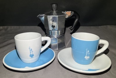 Bialetti Venezia Blue Espresso Demitasse Coffee Cups, Saucers, Stovetop 2oz
