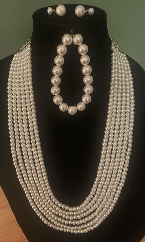 OFF WHITE Set orecchini collana bracciale multifilo perle finte bianco sporco chiusura tono argento