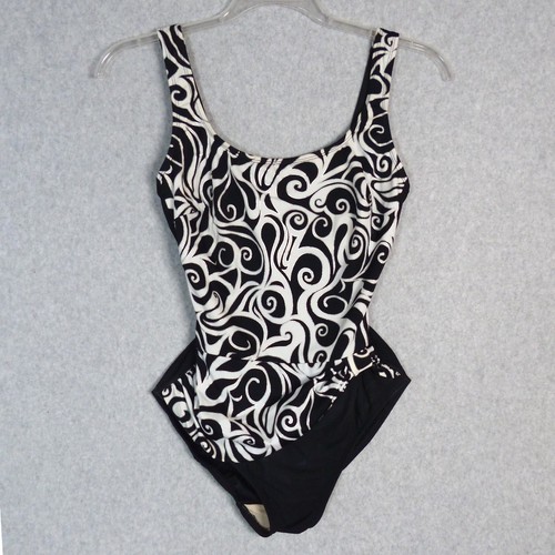 Longitude One Piece Swimsuit Geometric Swirl Black Silver Metallic Padded Sz 12