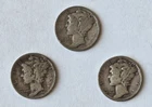 1941 & 1942 Mercury Dimes Lot of 3 Winged Liberty Head US Coins Circulated.