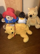 Lot 4 Stuffed Animals Plushies Paddington Bear Pooh Bear Penguin
