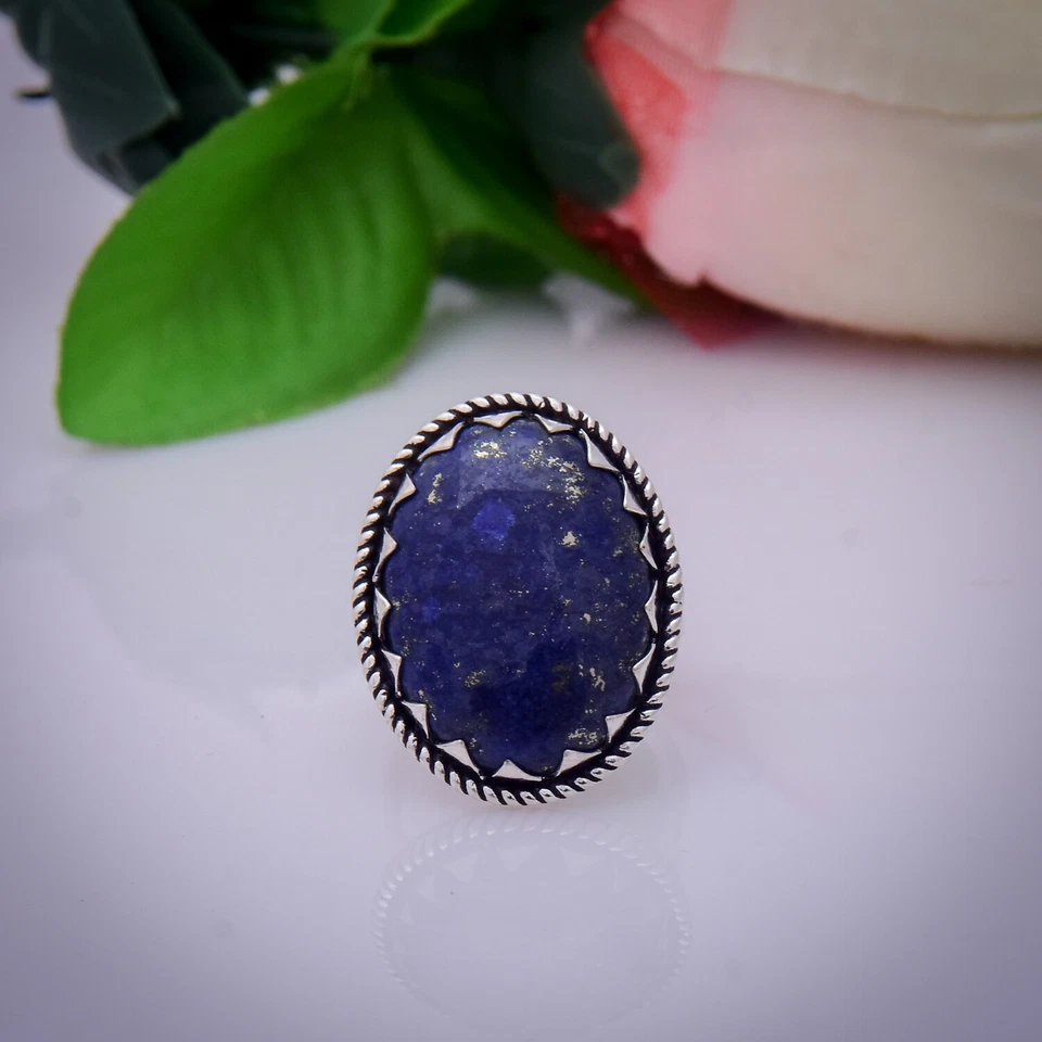 Anello Fatto A Mano In Argento Sterling 925 Con Gemma Di Lapis Lazuli Blu 9.25" - Immagine 2 di 3