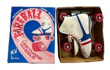 Vintage FIREBALL Roller Derby. White Blue, Red Striped Roller Skates Girls Sz 7