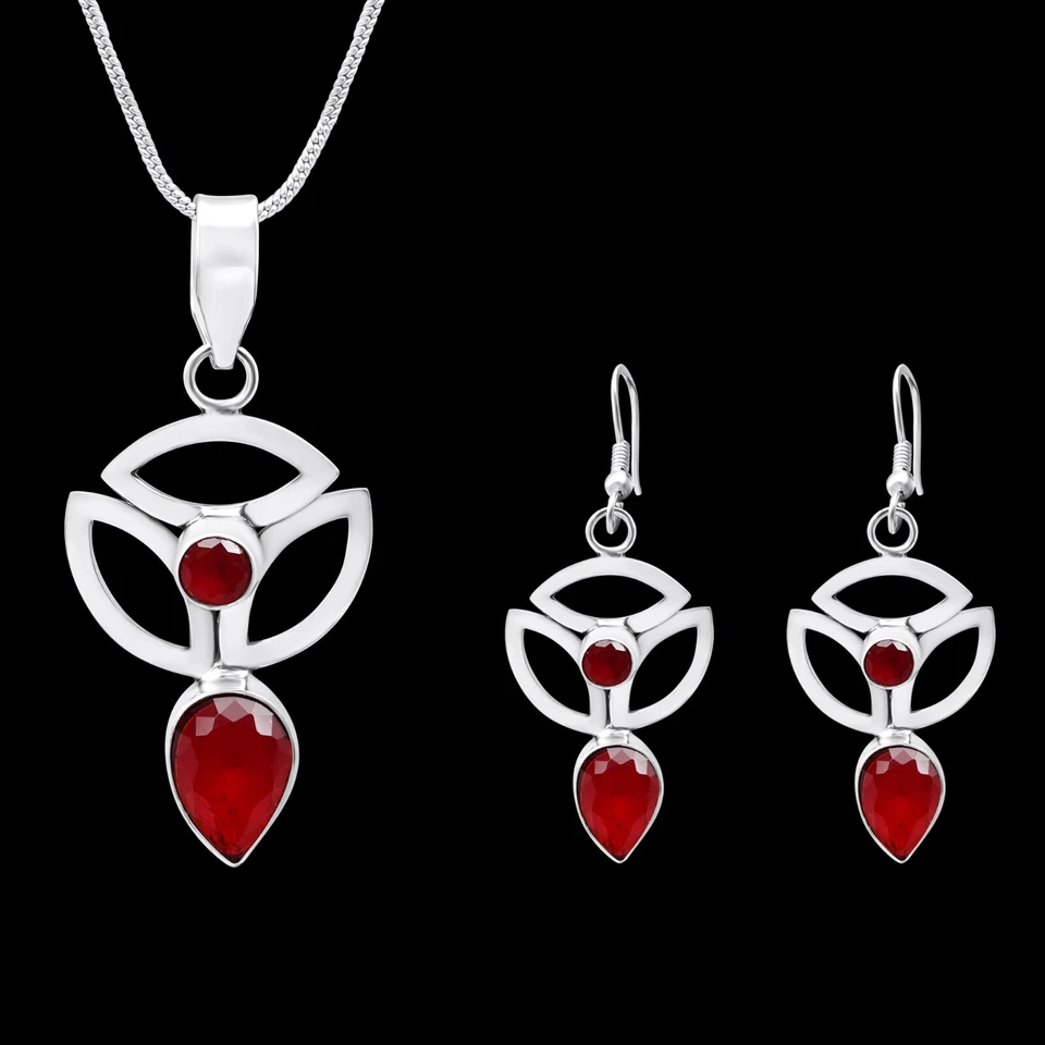 925 Sterling Silver Ruby Pear Cut Pendant Necklace Earrings Set For Women Gifts - Image 3 of 4