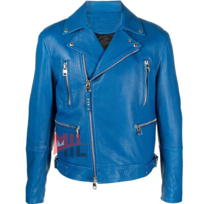 Handmade Men's Blue Color Genuine Leather Fashion Zipper Biker Jacket  Custom