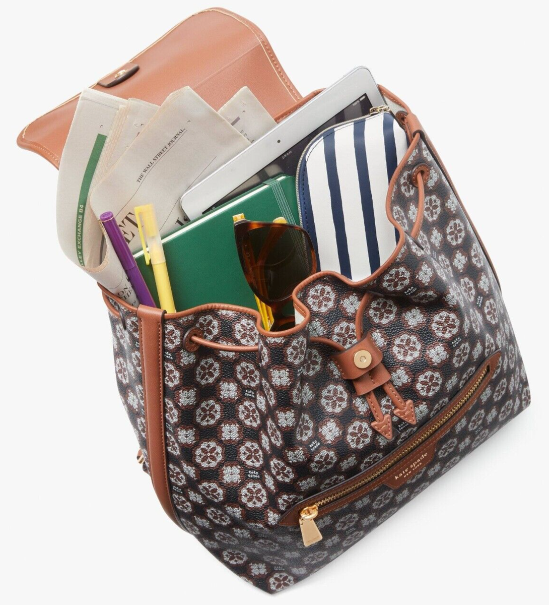 Kate Spade Flower Monogram Mia Flap Backpack NWT Taupe White  display picture 2