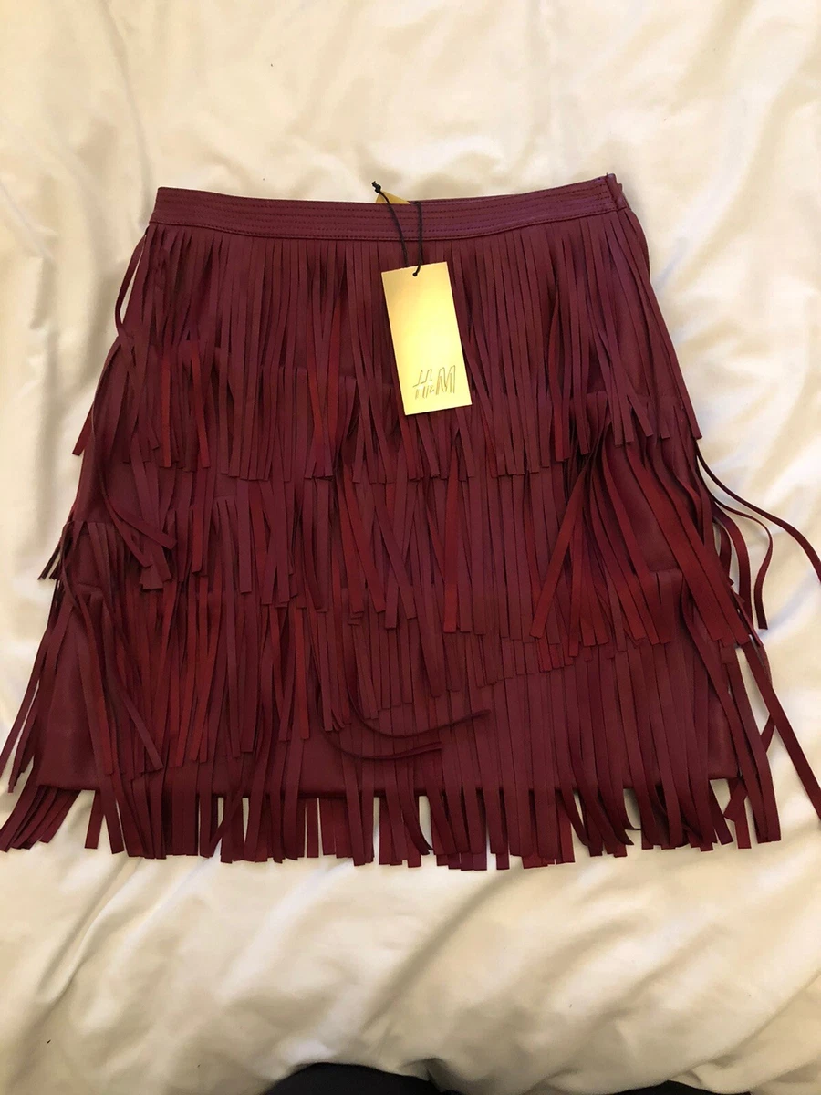 H M Gold Tag Vegan Leather Burgundy Fringe Skirt Size 2 eBay