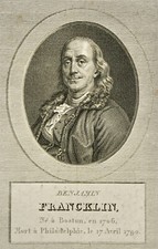 FRANCKLIN BENJAMIN (1706-1790) PORTRAIT, ORIGINAL 1825 ENGRAVING, BORN IN BOSTON